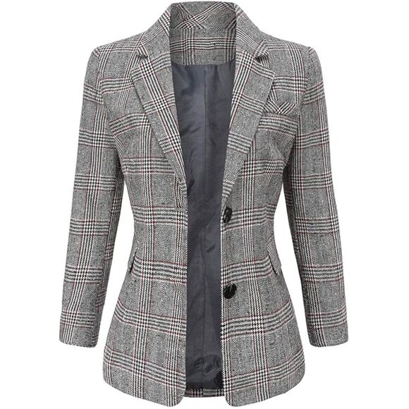 ebossy Jackets & Blazers - ebossy Women's Houndstooth Plaid Boyfriend Blazer - Notch Lapel Suit Coat - XS